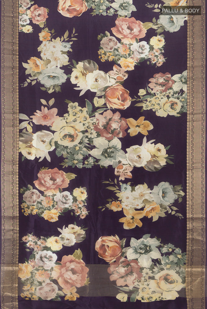 Flat view of Navy Blue Banarasi Silk Saree with Floral Print on the body and Fancy Border. 