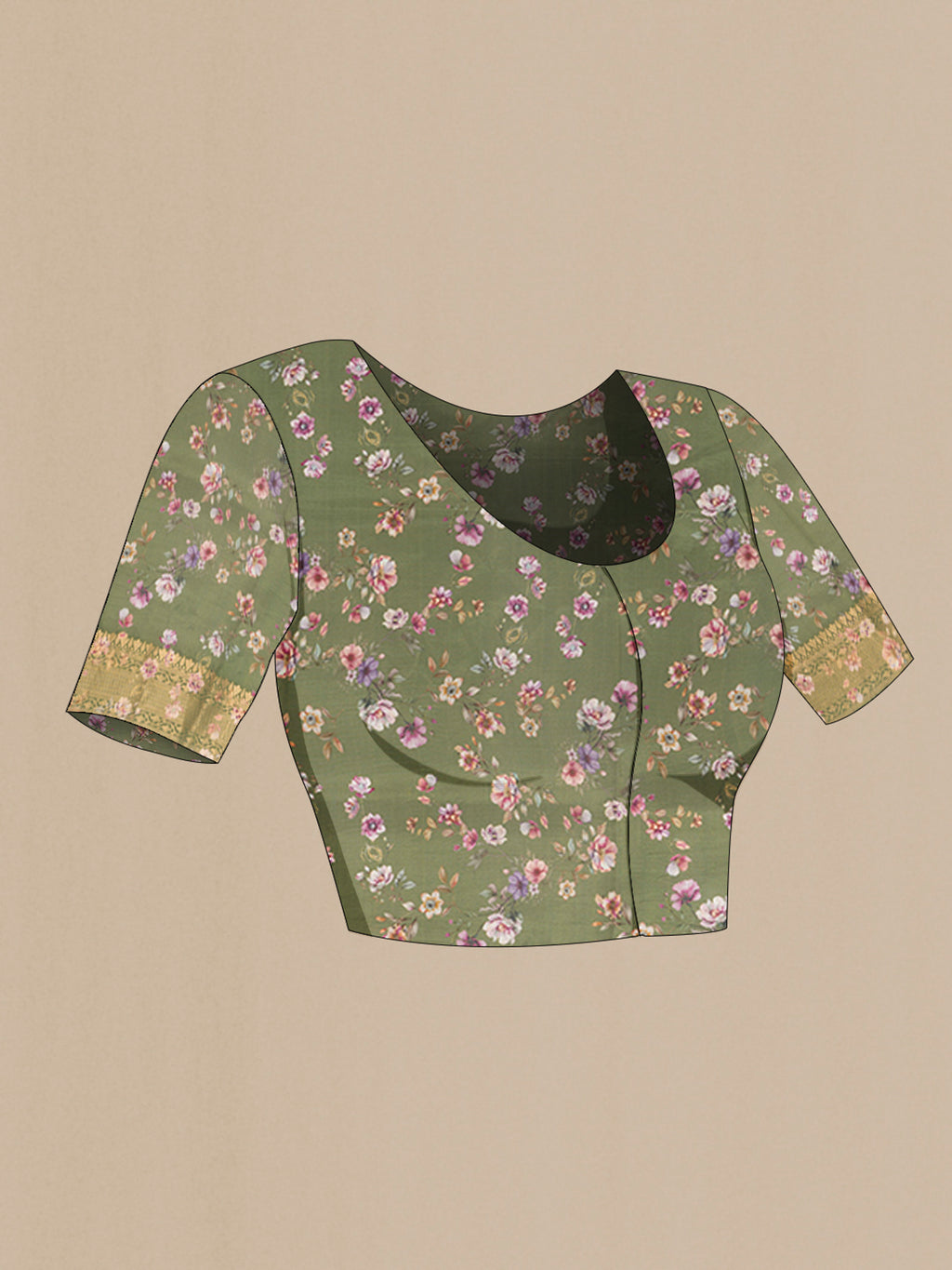 Close up image of the blouse of Olive Green Banarasi Katan Silk Saree with Floral Print on the body and Zari Border. 