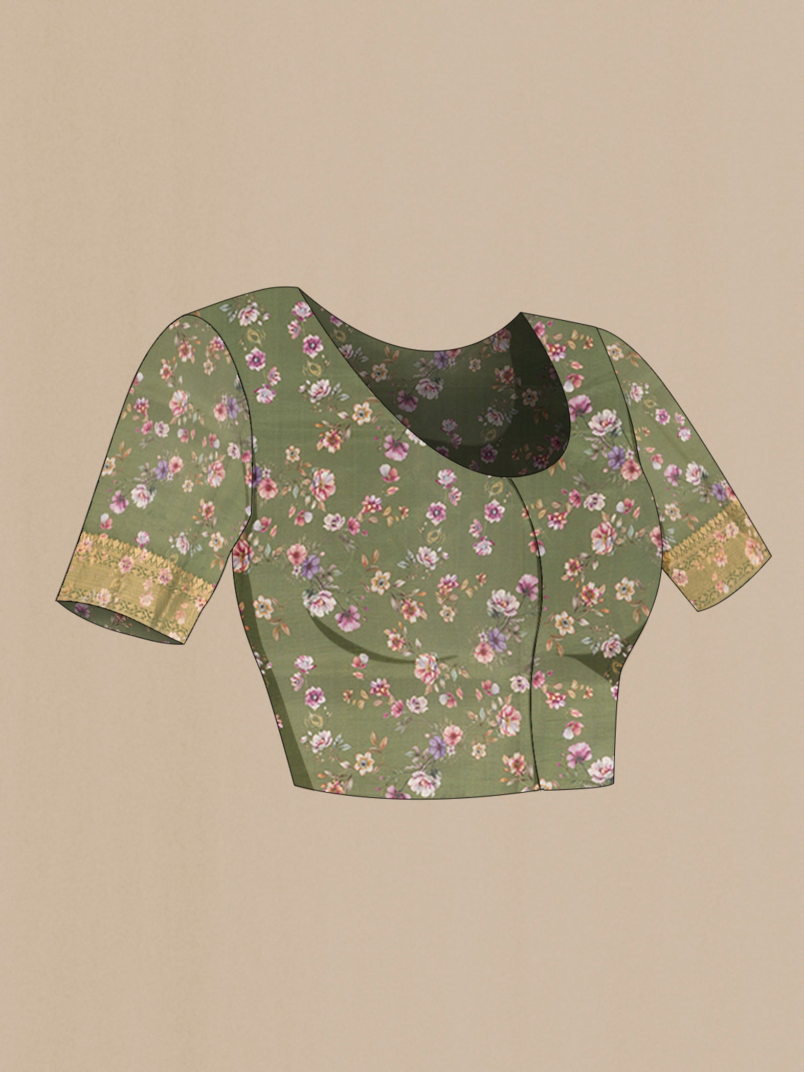 Close up image of the blouse of Olive Green Banarasi Katan Silk Saree with Floral Print on the body and Zari Border. 
