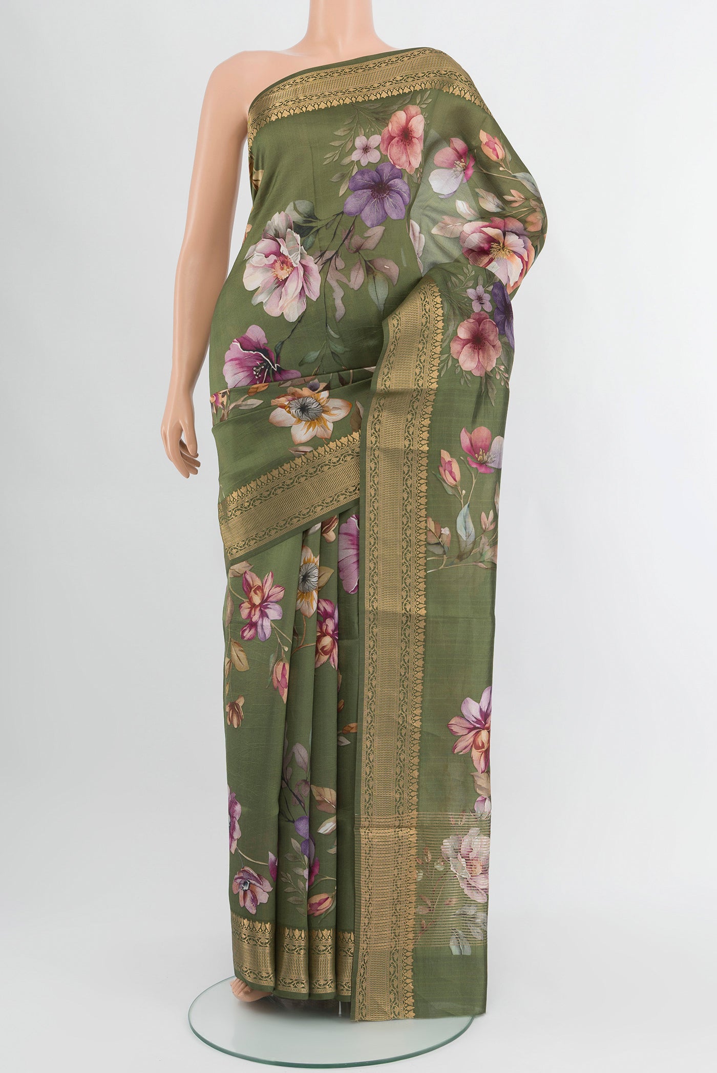 Olive Green Banarasi Katan Silk Saree with Floral Print on the body and Zari Border.  displayed on a mannequin