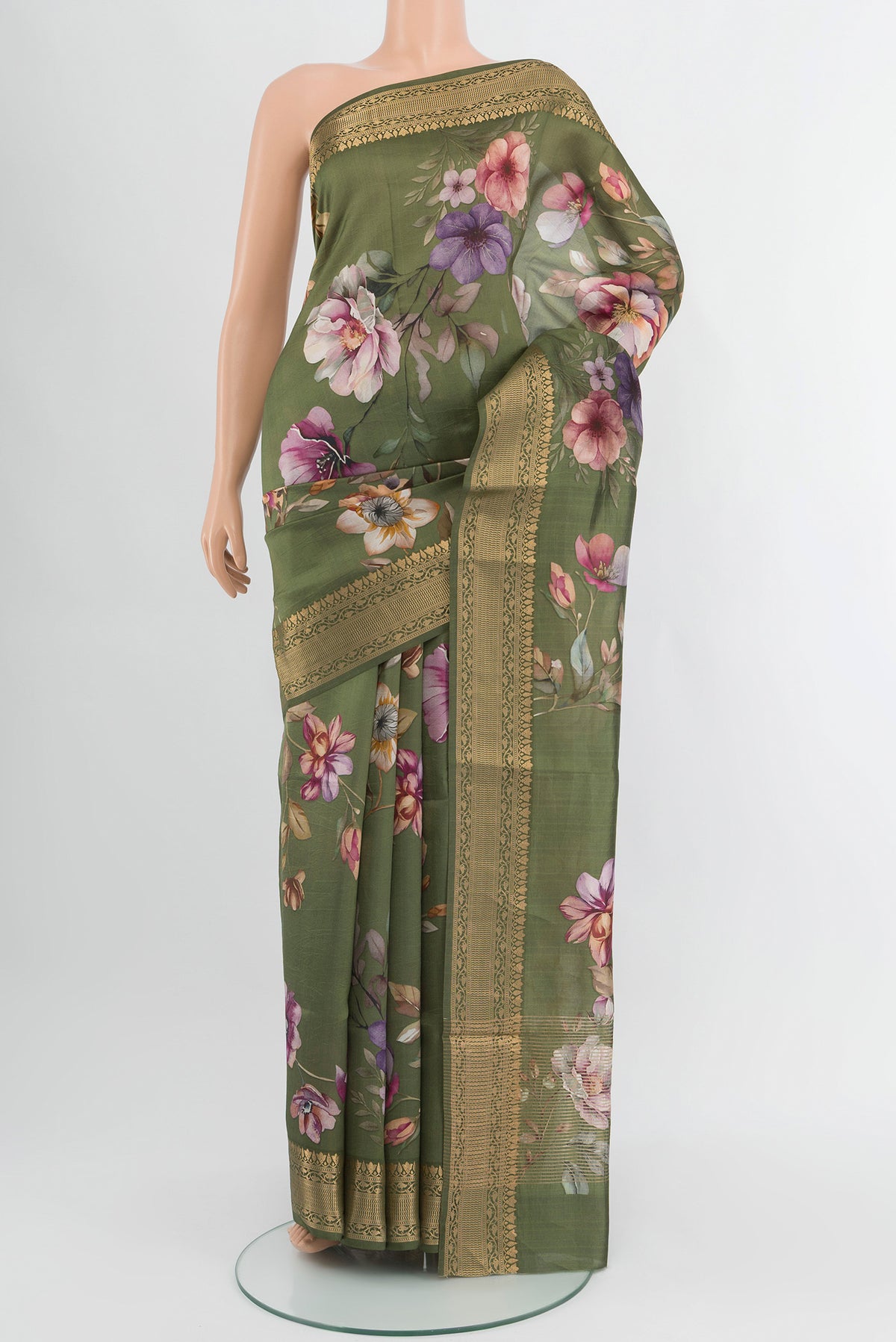 Olive Green Banarasi Katan Silk Saree with Floral Print on the body and Zari Border.  displayed on a mannequin