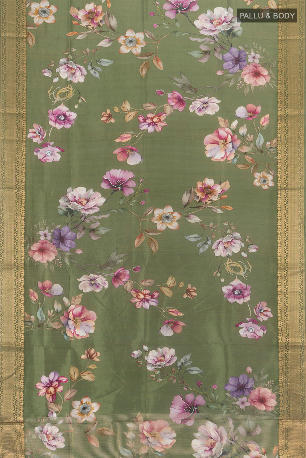 Flat view of Olive Green Banarasi Katan Silk Saree with Floral Print on the body and Zari Border. 
