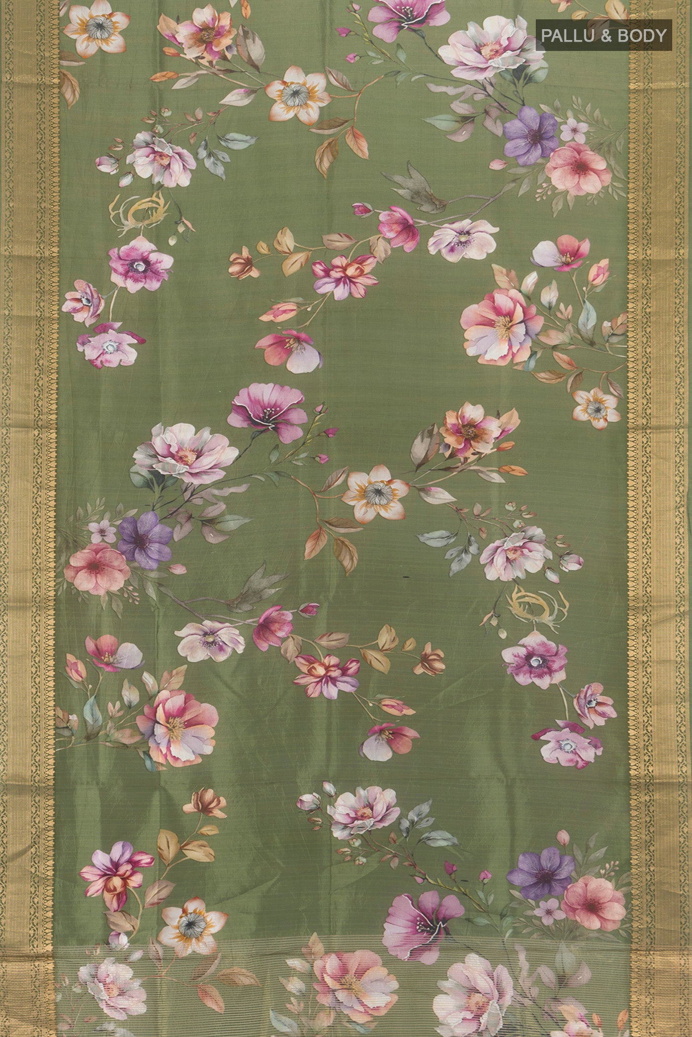 Flat view of Olive Green Banarasi Katan Silk Saree with Floral Print on the body and Zari Border. 