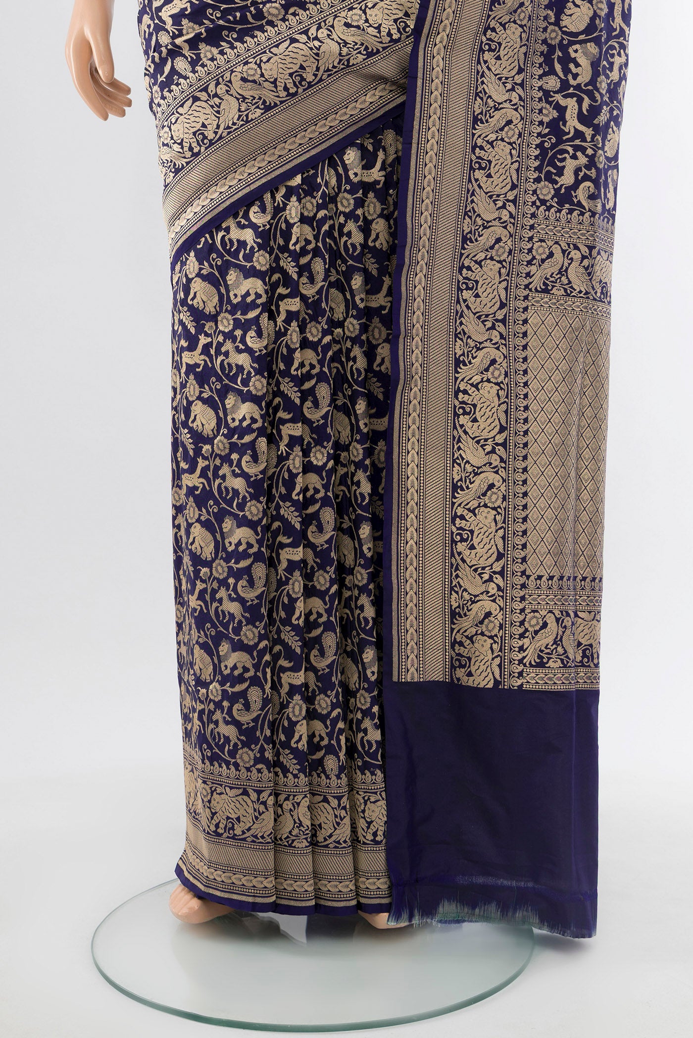 Pleats and pallu of Navy Blue Banarasi Silk Saree with Zari Butta on the body and Silk Border. 