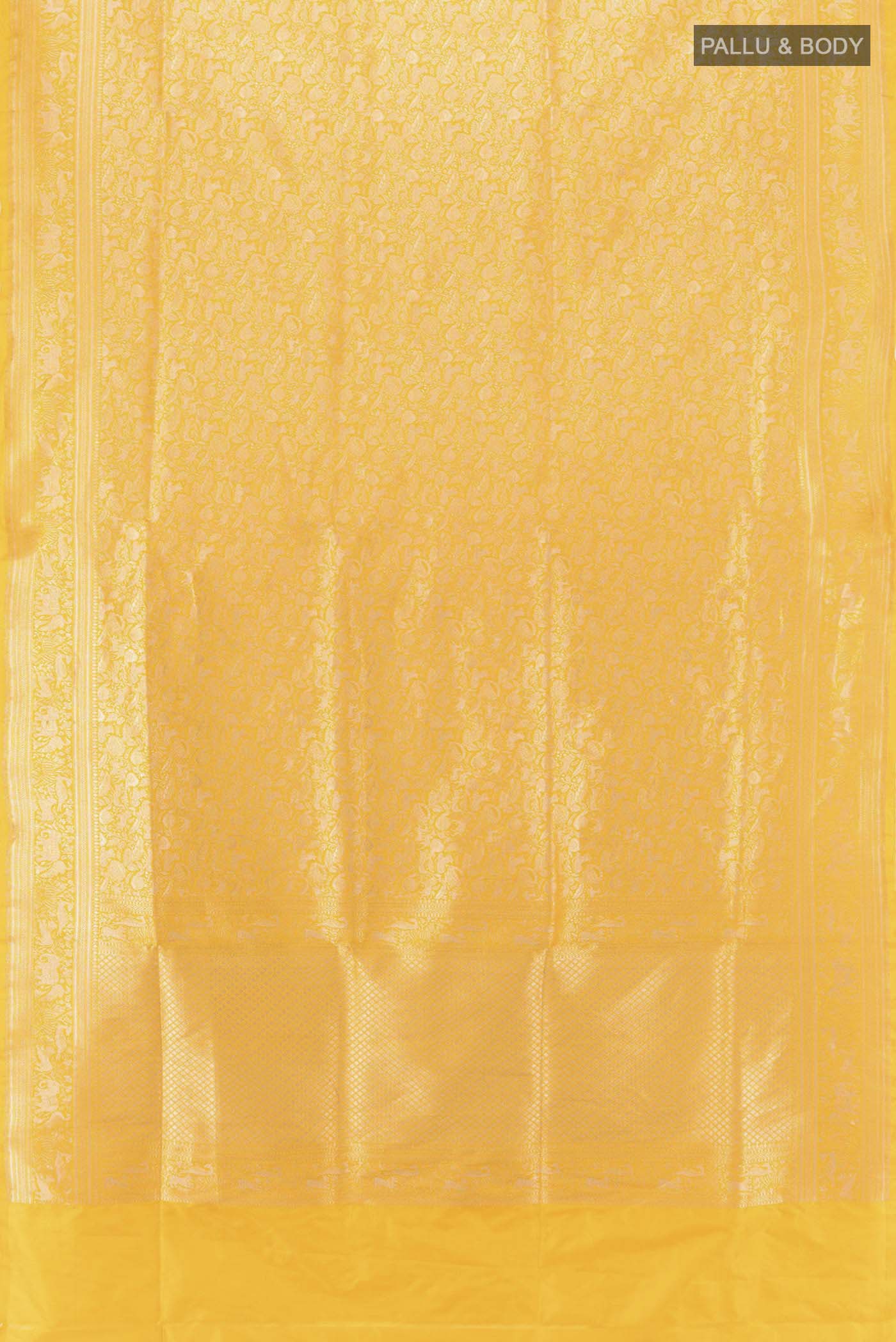 Flat view of Yellow Banarasi Silk Saree with Zari Butta on the body and Silk Border. 