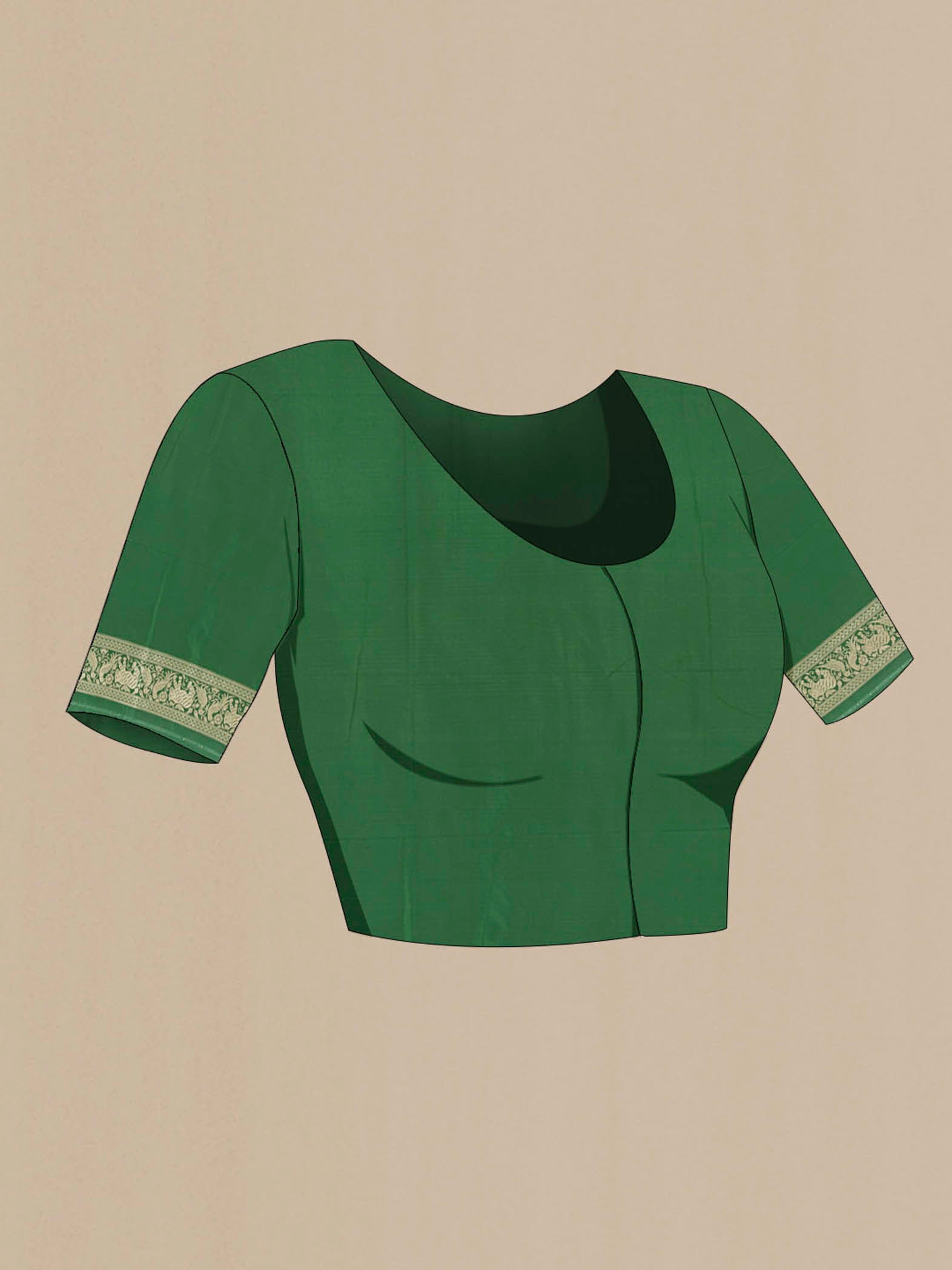 Close up image of the blouse of Bottle Green Banarasi Silk Saree with Zari Butta on the body and Silk Border. 