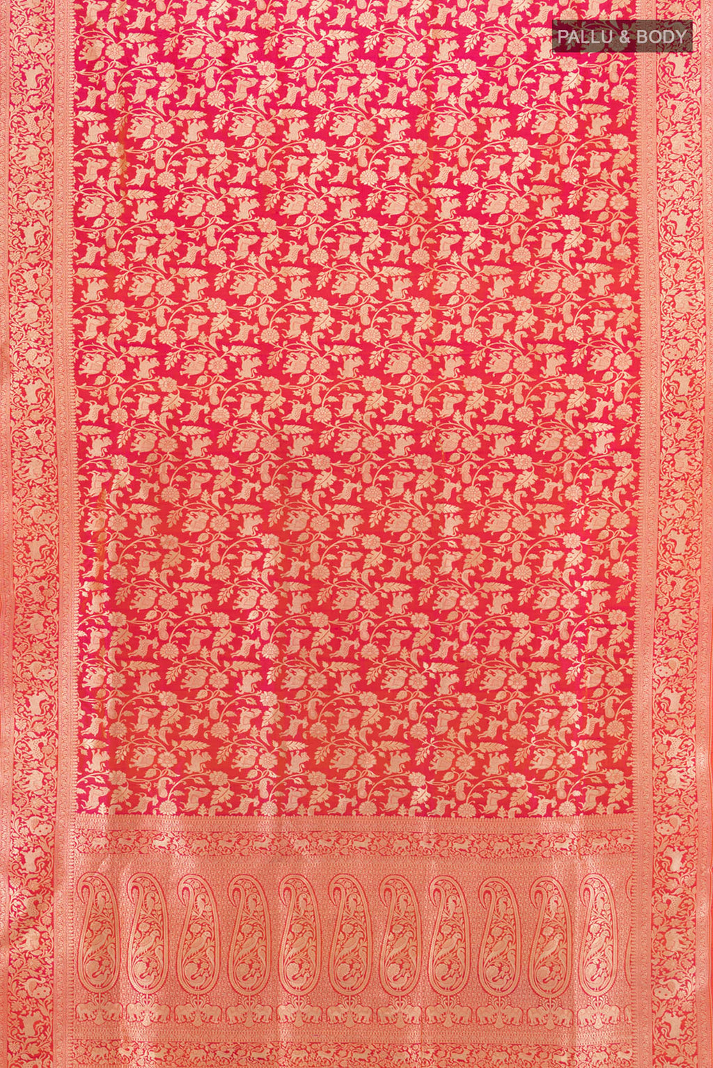 Flat view of Pink with Orange Color Banarasi Silk Saree with Zari Brocade on the body and Zari Border. 