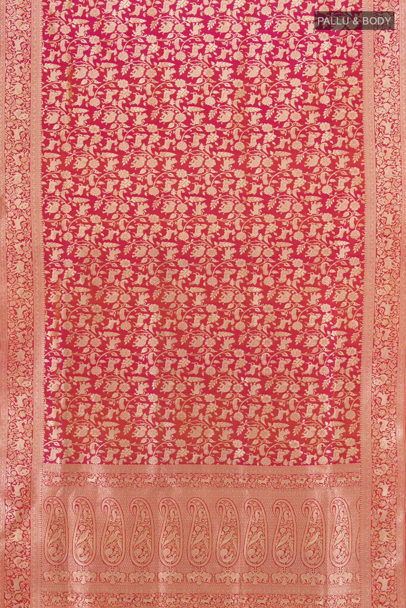 Flat view of Pink with Orange Color Banarasi Silk Saree with Zari Brocade on the body and Zari Border. 