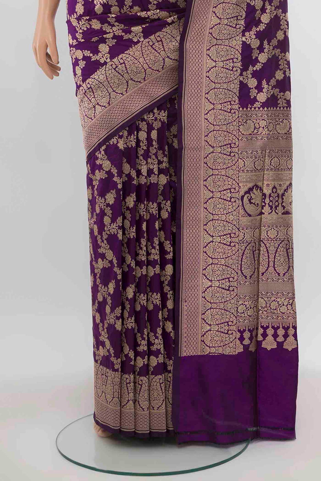 Pleats and pallu of Violet Banarasi Silk Saree with Zari Butta on the body and Silk Border. 