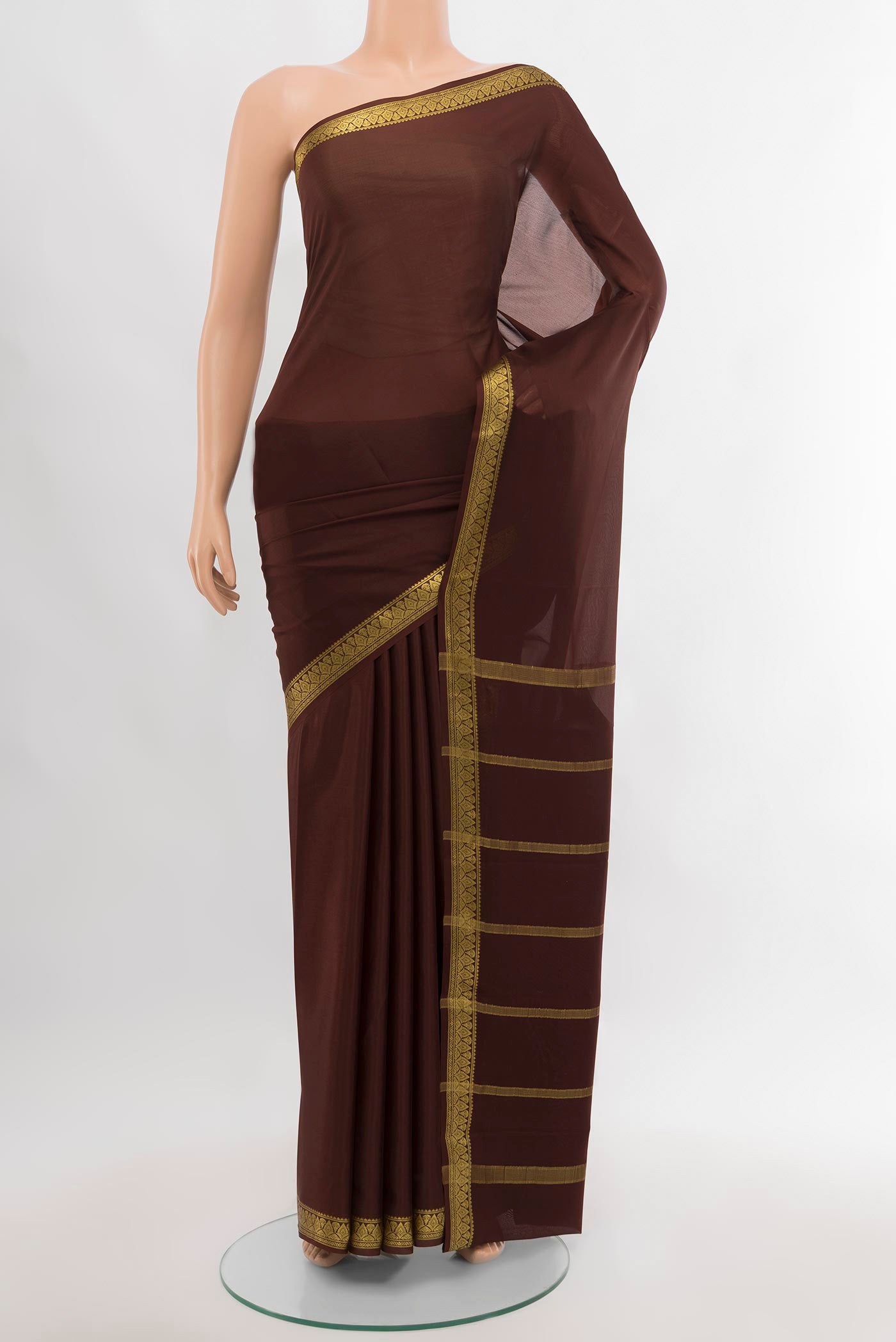 Coffee Brown Mysore Crepe Saree with Plain Body and Silk Border.  displayed on a mannequin