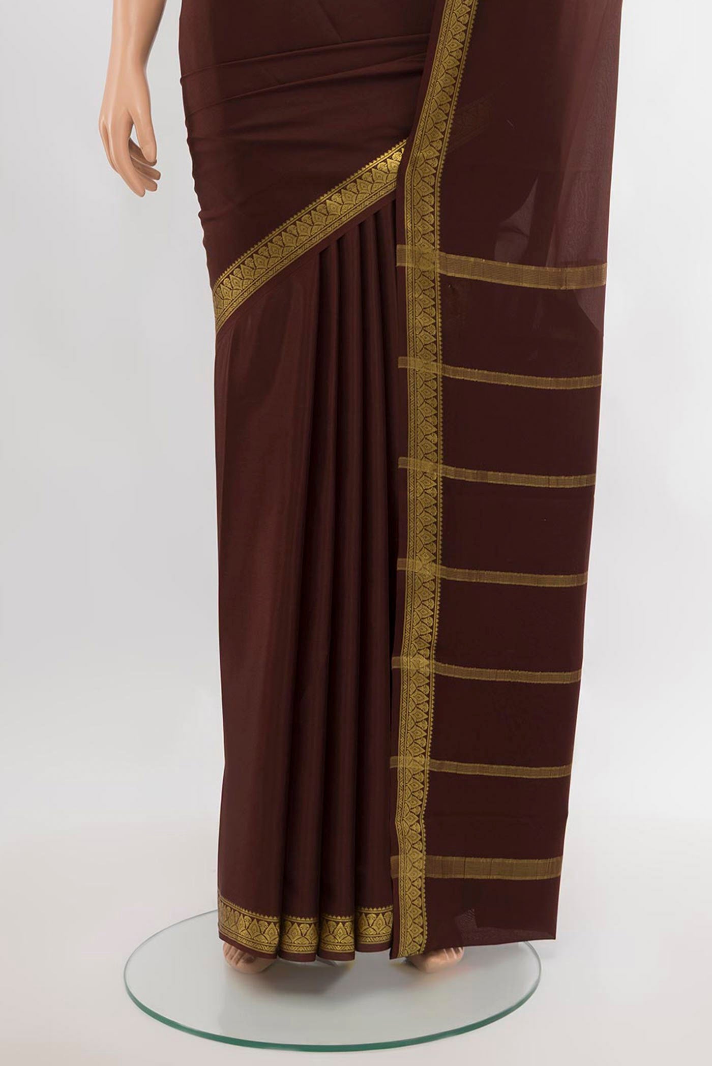 Pleats and pallu of Coffee Brown Mysore Crepe Saree with Plain Body and Silk Border. 