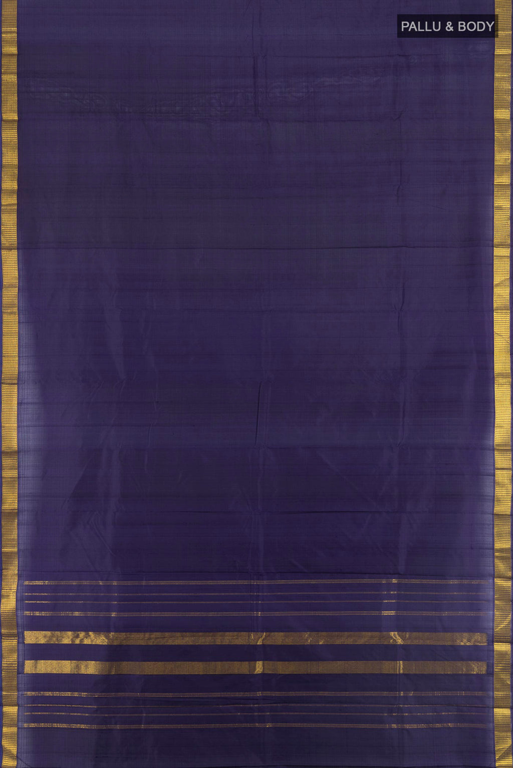 Flat view of Pure Silk Navy Blue Kanjivaram Saree with Plain Body and Zari Border. 