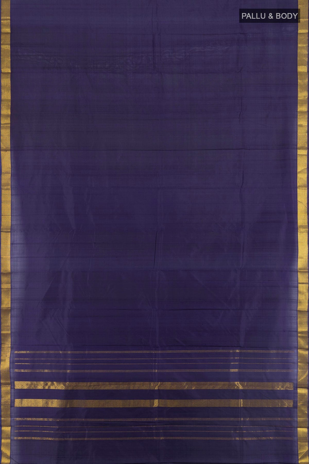 Flat view of Pure Silk Navy Blue Kanjivaram Saree with Plain Body and Zari Border. 