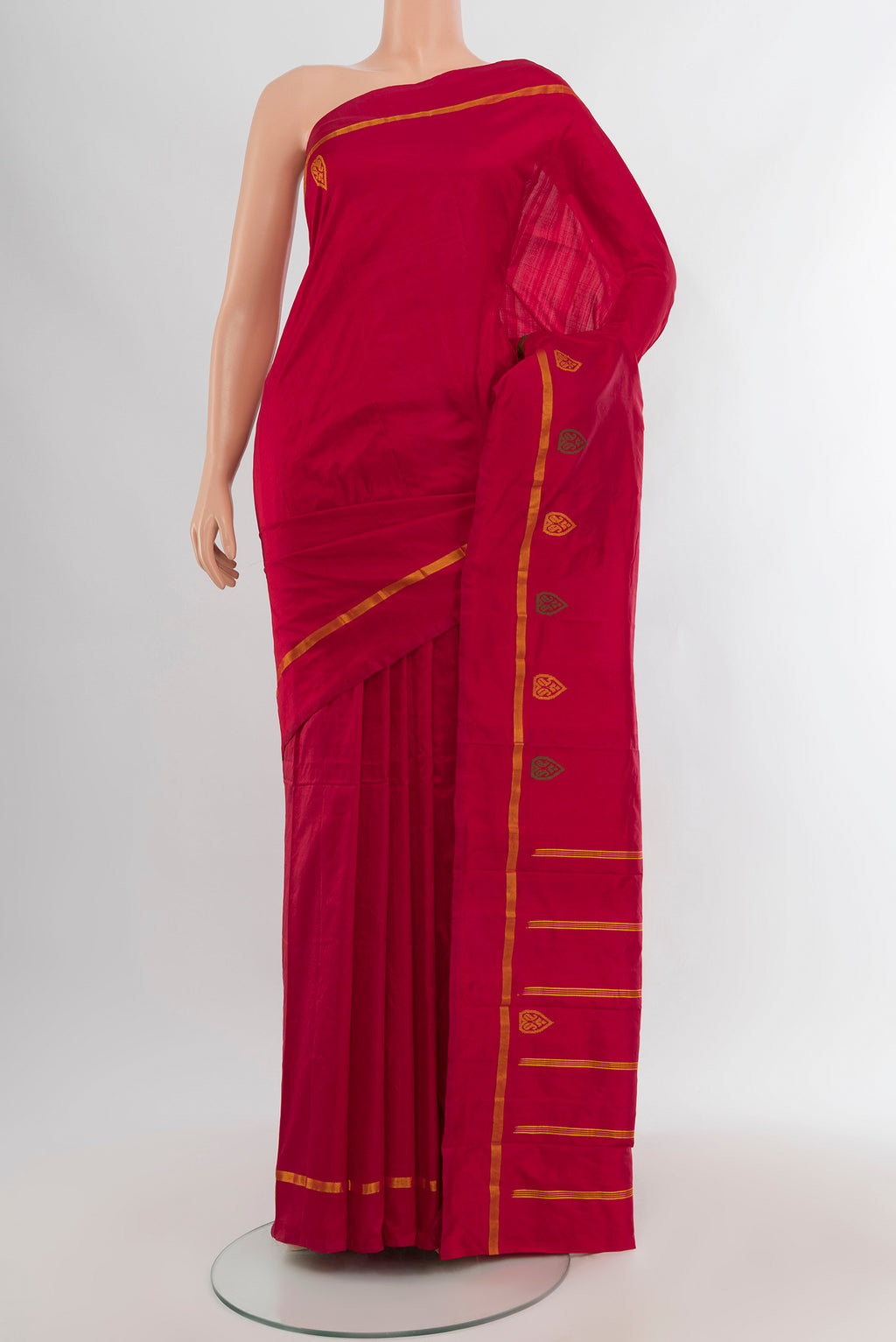 Red Kanchipuram Silk Saree with Plain Body and Zari Border.  displayed on a mannequin