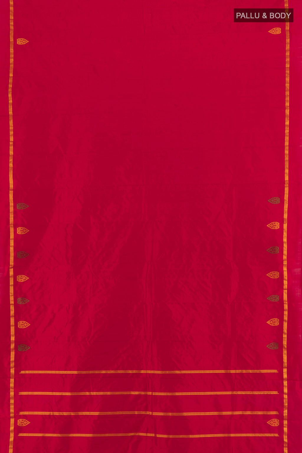 Flat view of Red Kanchipuram Silk Saree with Plain Body and Zari Border. 