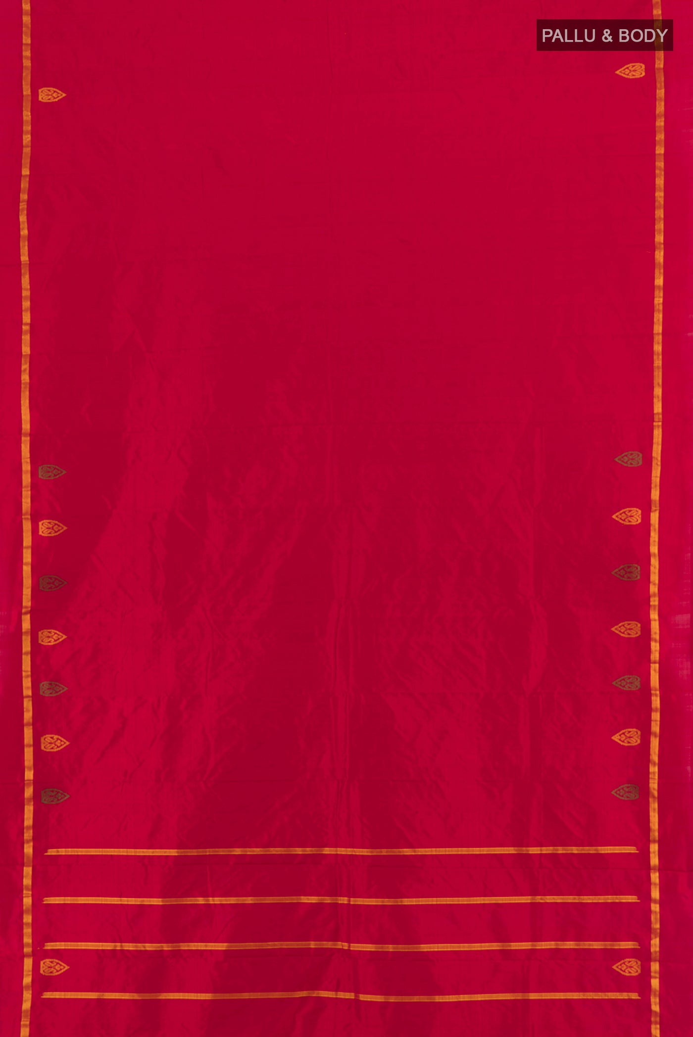Flat view of Red Kanchipuram Silk Saree with Plain Body and Zari Border. 