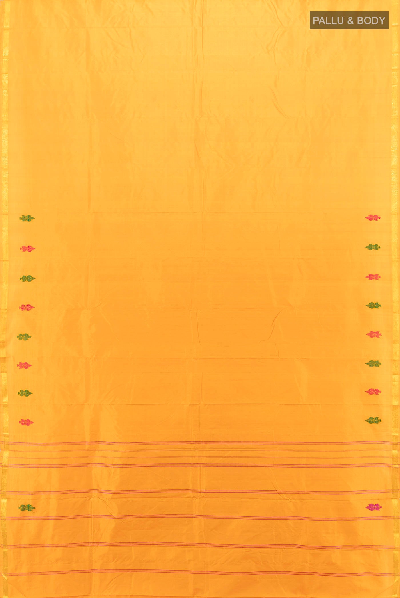 Flat view of Yellow Kanchipuram Silk Saree with Zari Butta on the body and Silk Border. 