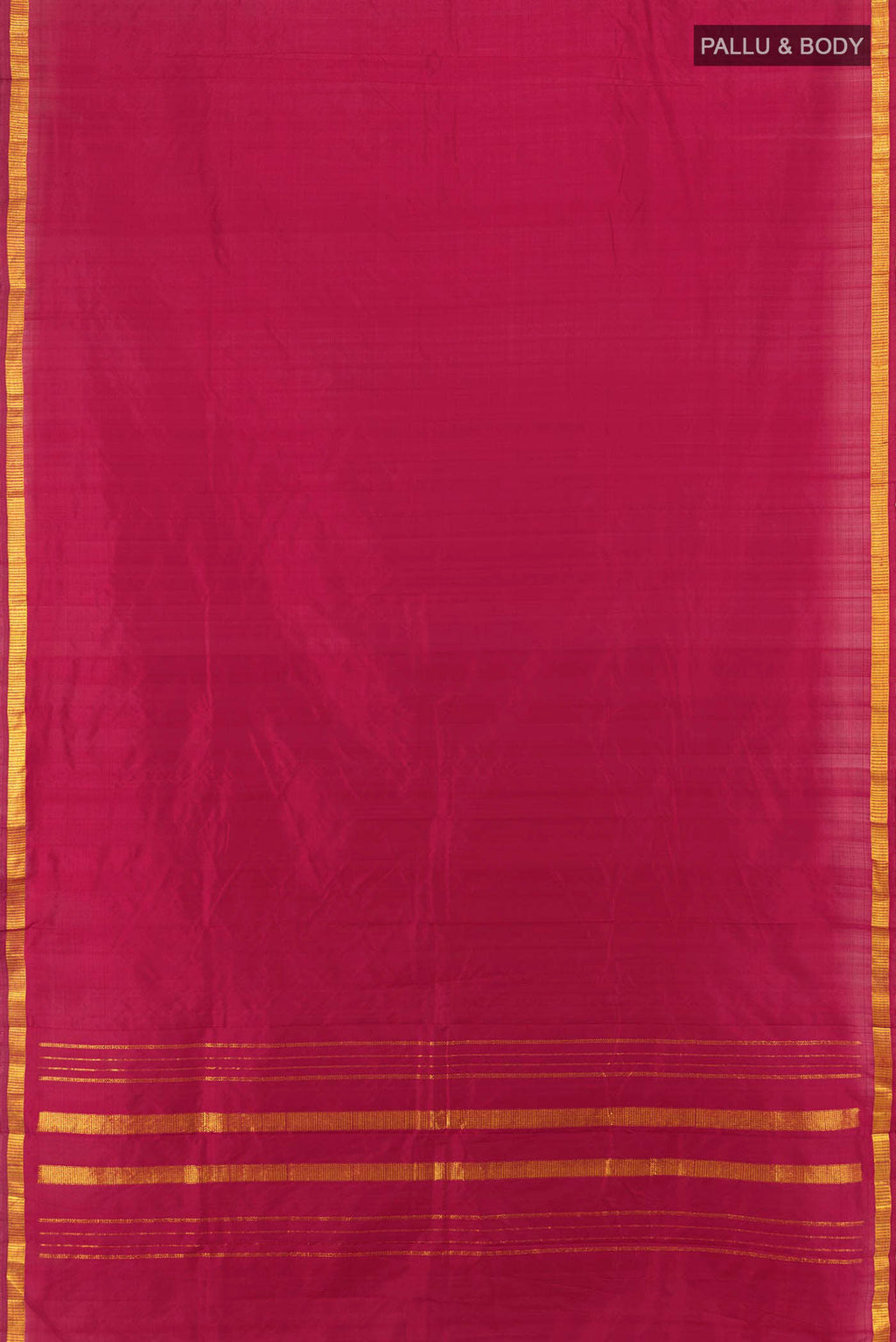 Flat view of Maroon Kanchipuram Silk Saree with Plain Body and Silk Border. 