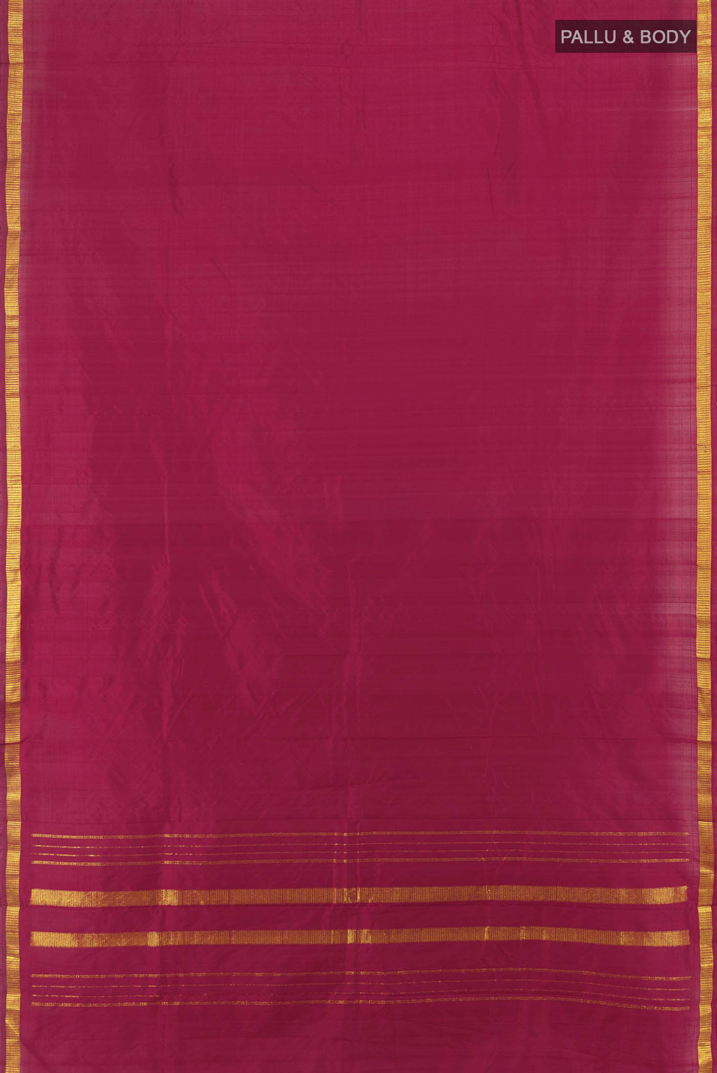 Flat view of Maroon Kanchipuram Silk Saree with Plain Body and Silk Border. 