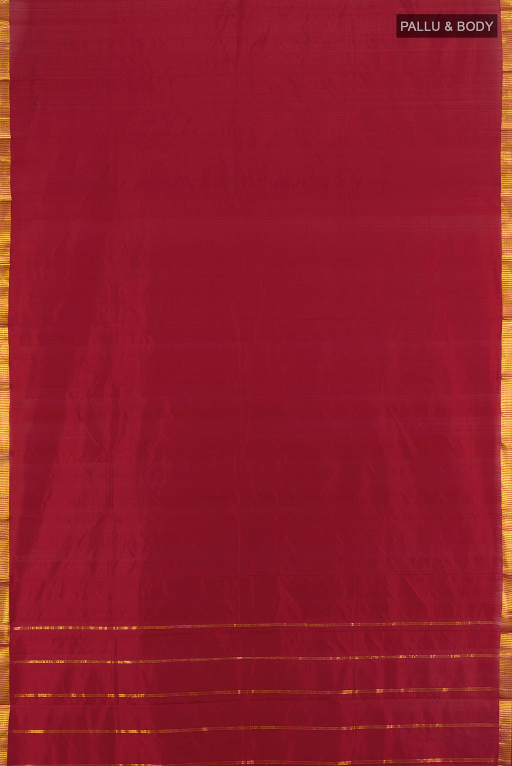Flat view of Maroon Kanchipuram Silk Saree with Plain Body and Zari Border. 