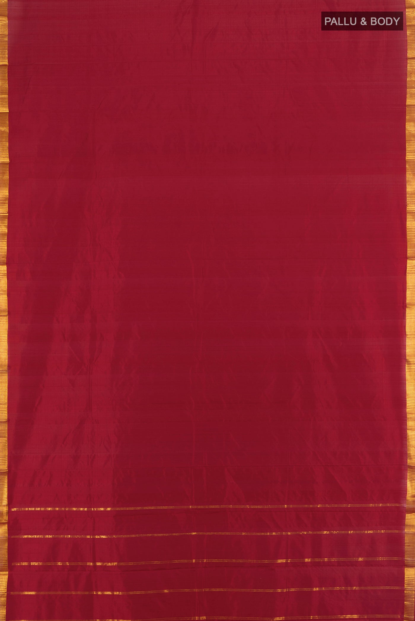 Flat view of Maroon Kanchipuram Silk Saree with Plain Body and Zari Border. 