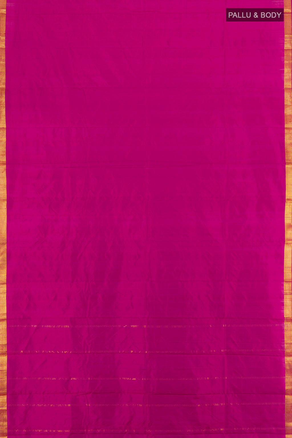 Flat view of Magenta Kanchipuram Silk Saree with Plain Body and Zari Border. 