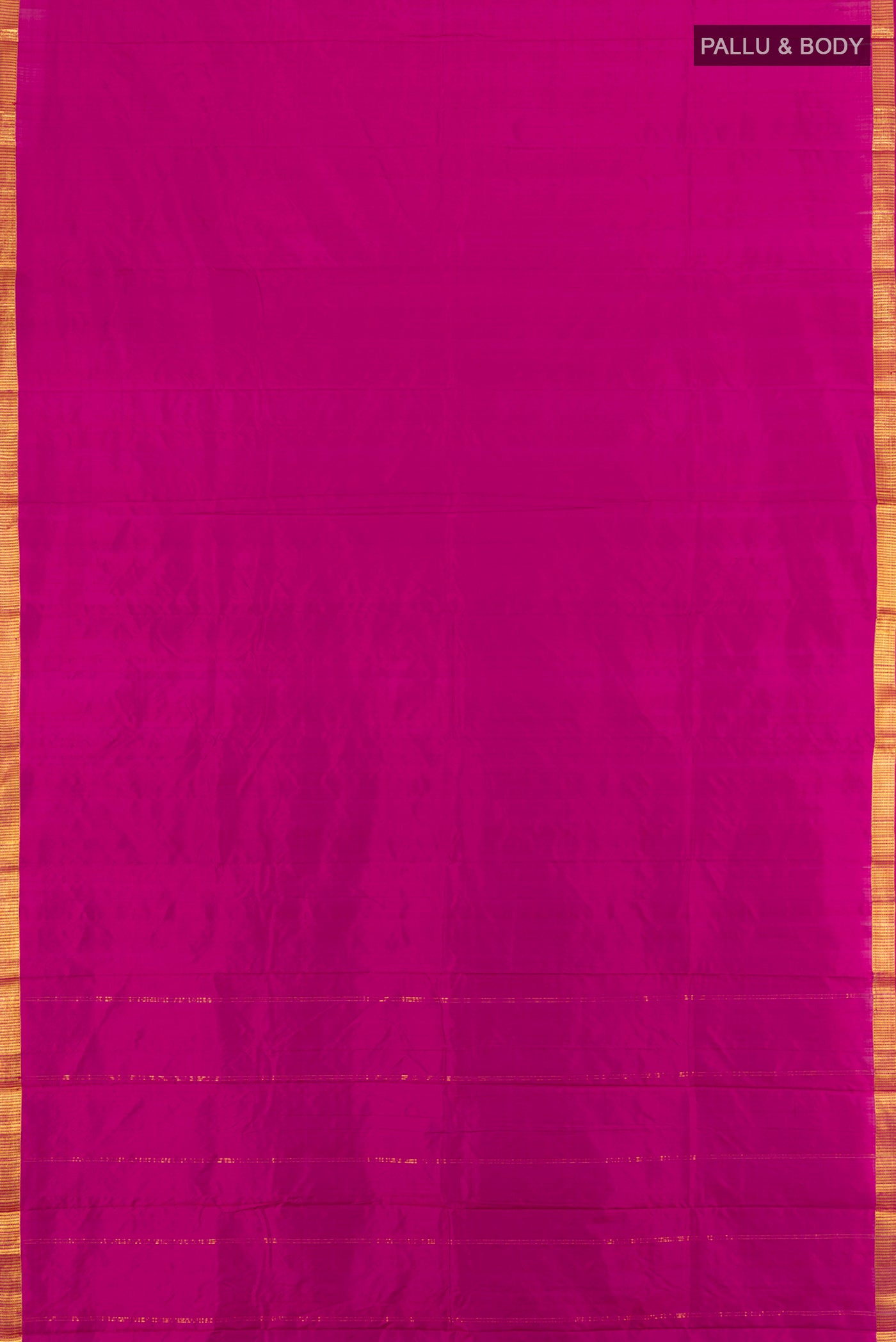 Flat view of Magenta Kanchipuram Silk Saree with Plain Body and Zari Border. 