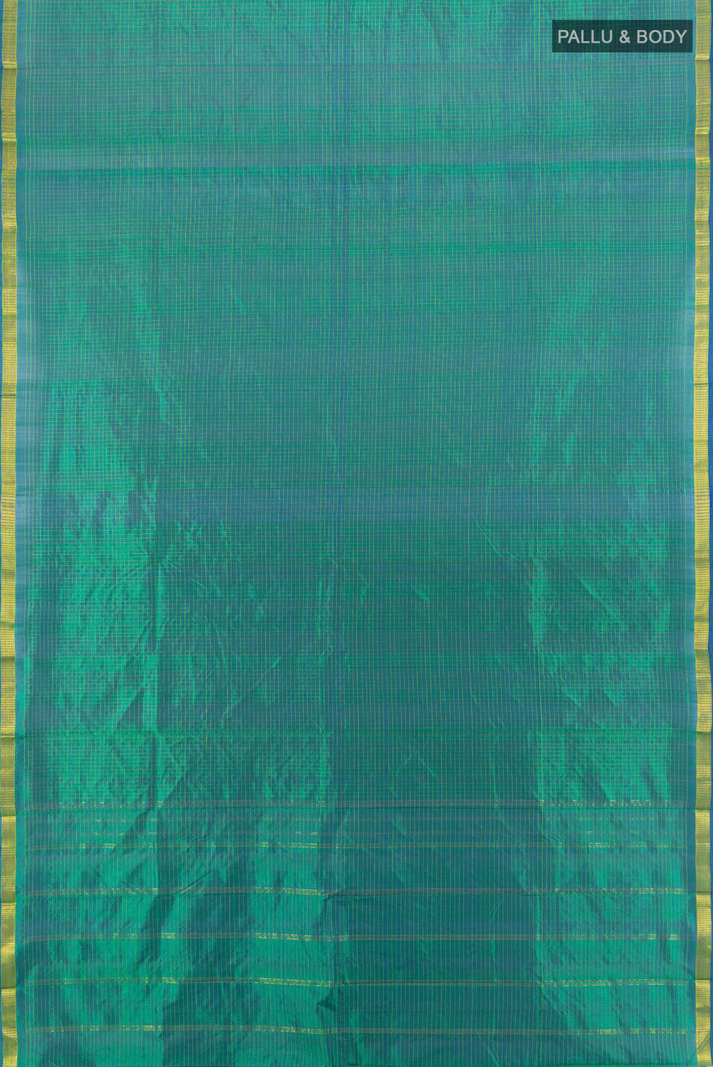 Flat view of Pure Silk Sea Green Kanchipuram Saree with Checked design on the body and Zari Border. 