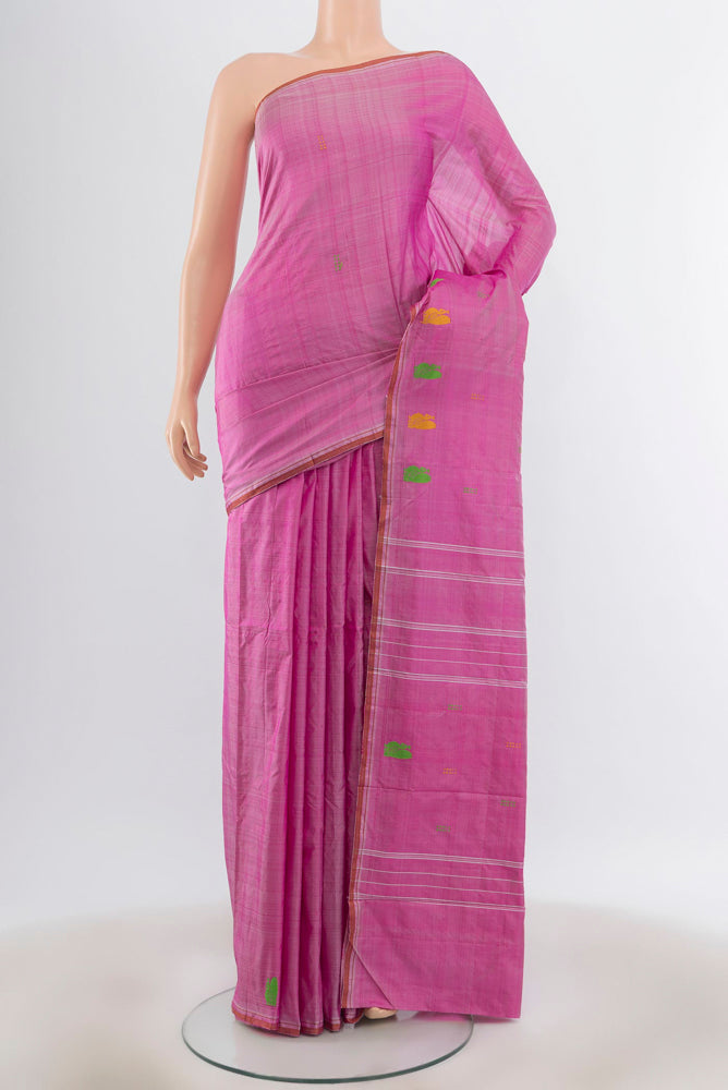 Magenta Kanchipuram Silk Saree with Plain Body and Silk Border.  displayed on a mannequin