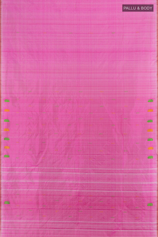 Flat view of Magenta Kanchipuram Silk Saree with Plain Body and Silk Border. 