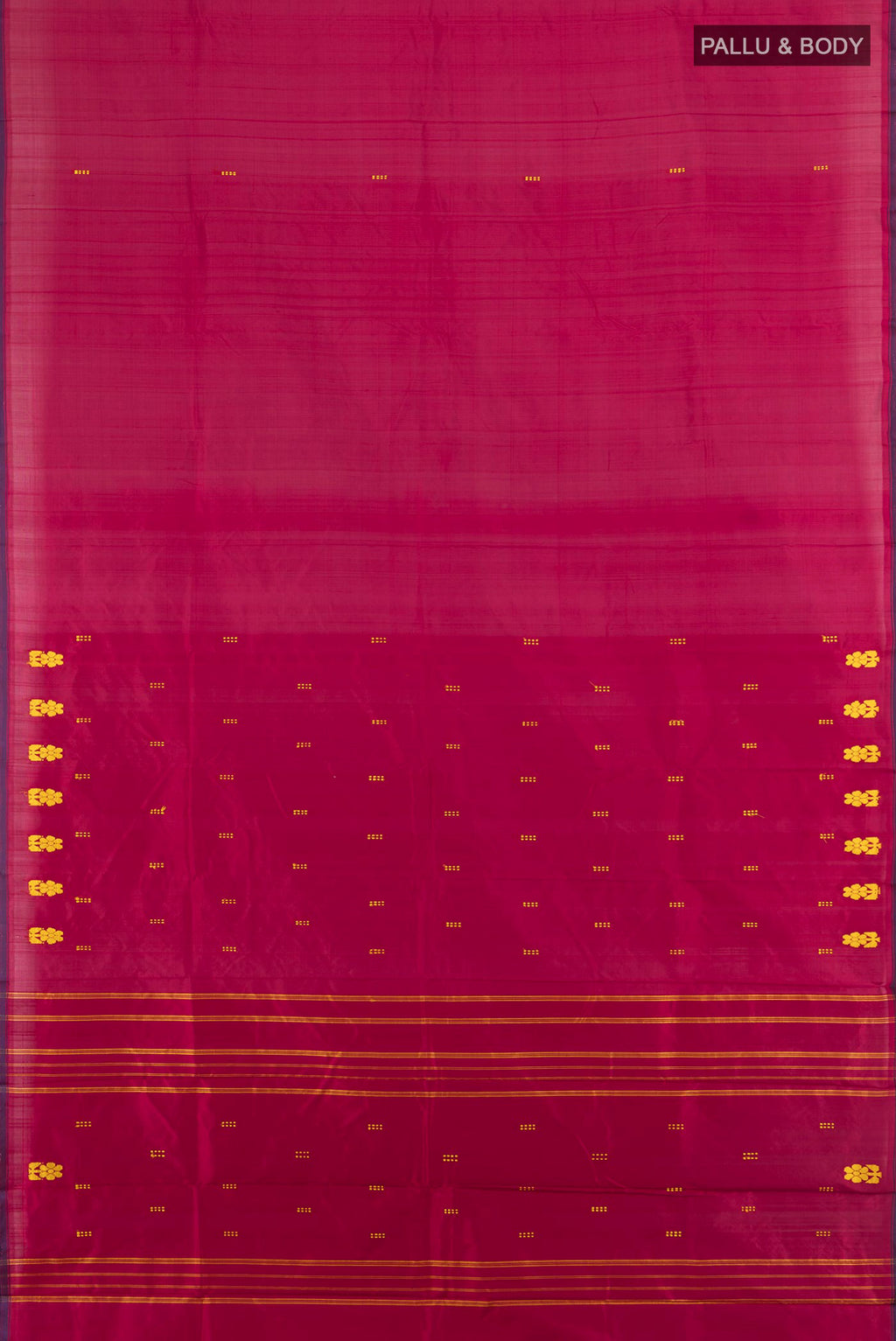 Flat view of Pure Silk Maroon Kanchipuram Saree with Thread Butta on the body and Silk Border. 