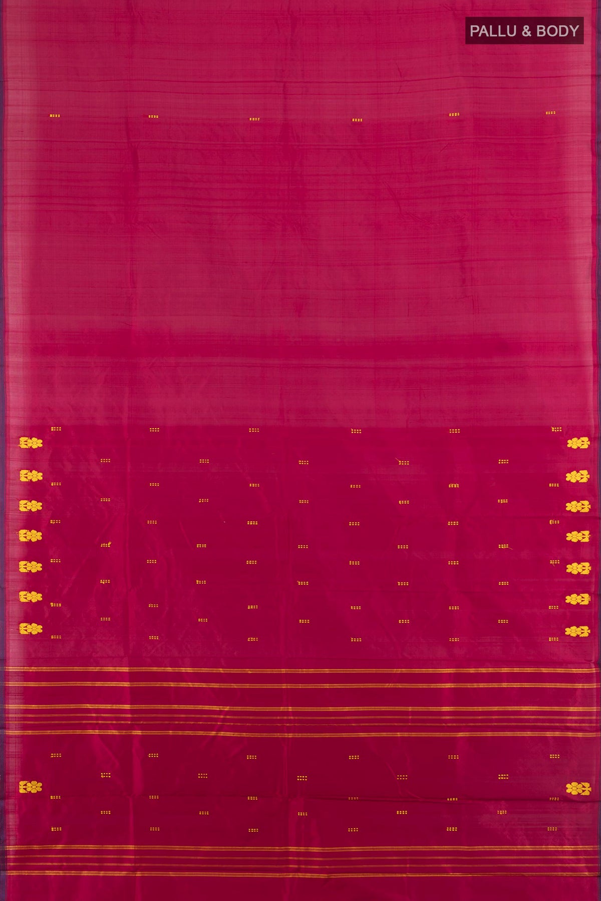 Flat view of Pure Silk Maroon Kanchipuram Saree with Thread Butta on the body and Silk Border. 