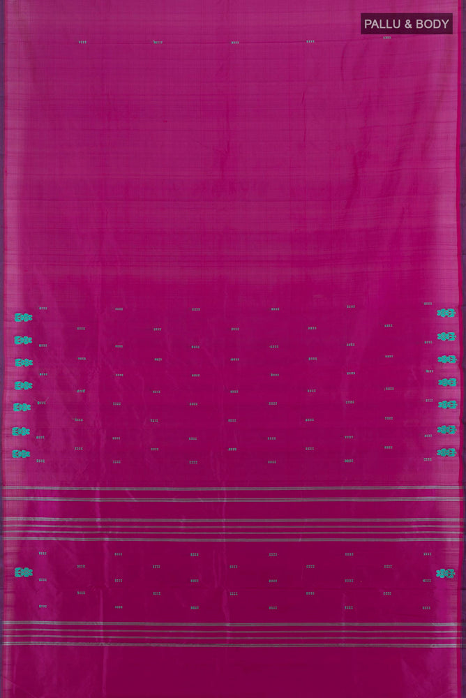 Flat view of Purple Kanchipuram Silk Saree with Thread Butta on the body and Silk Border. 