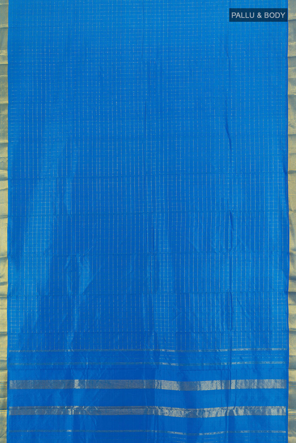 Flat view of Royal Blue Kanchipuram Silk Saree with Checked design on the body and Zari Border. 