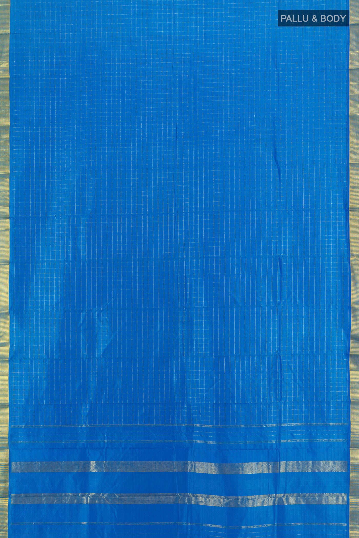 Flat view of Royal Blue Kanchipuram Silk Saree with Checked design on the body and Zari Border. 