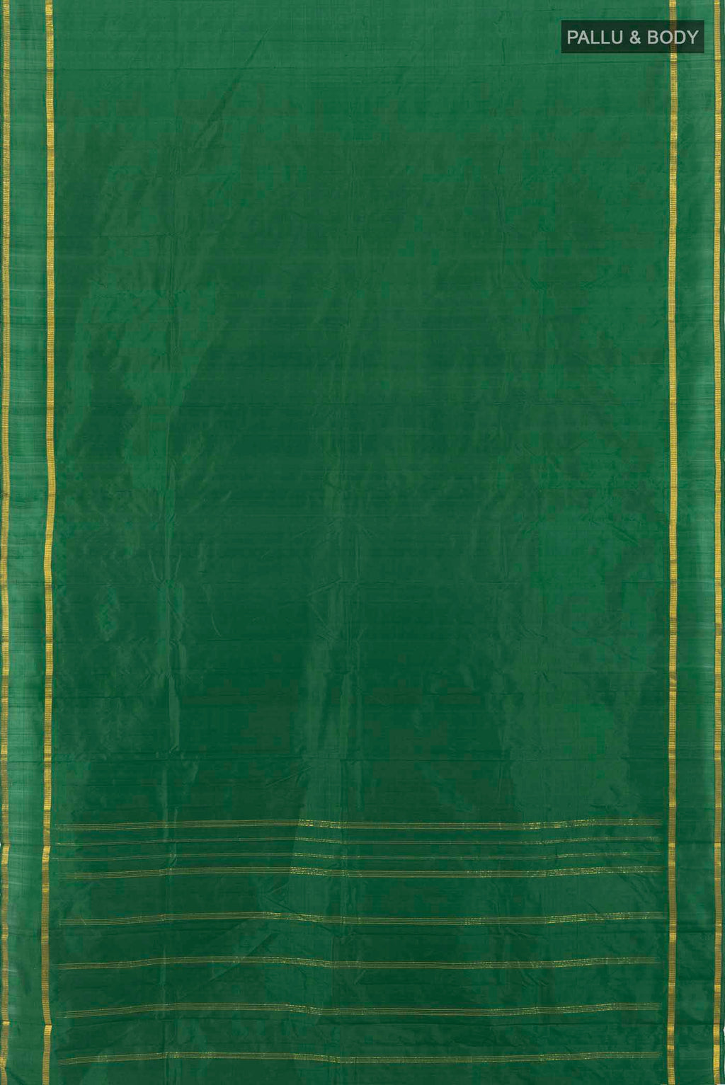 Flat view of Bottle Green Kanchipuram Silk Saree with Plain Body and Silk Border. 