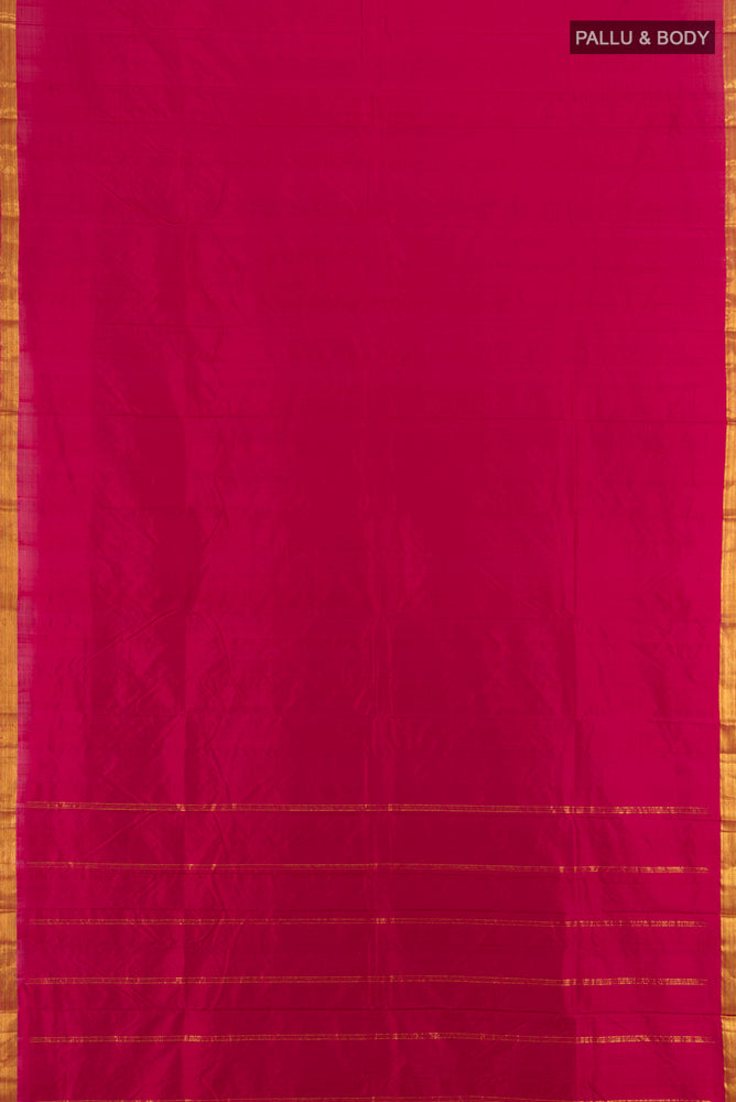 Flat view of Maroon Kanchipuram Silk Saree with Zari Butta on the body and Silk Border. 