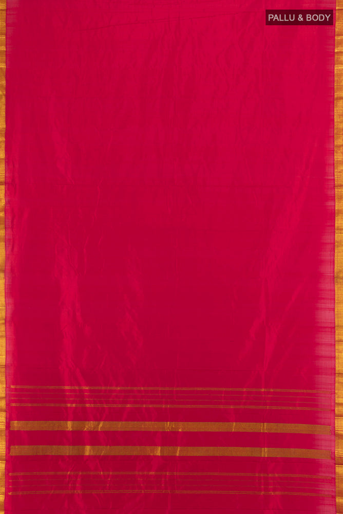 Flat view of Maroon Kanchipuram Silk Saree with Plain Body and Silk Border. 