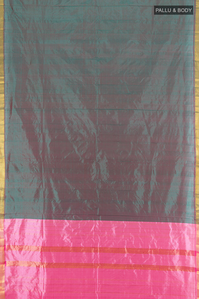 Flat view of Mehandi Green Kanjivaram Silk Saree with Zari Butta on the body and Silk Border. 
