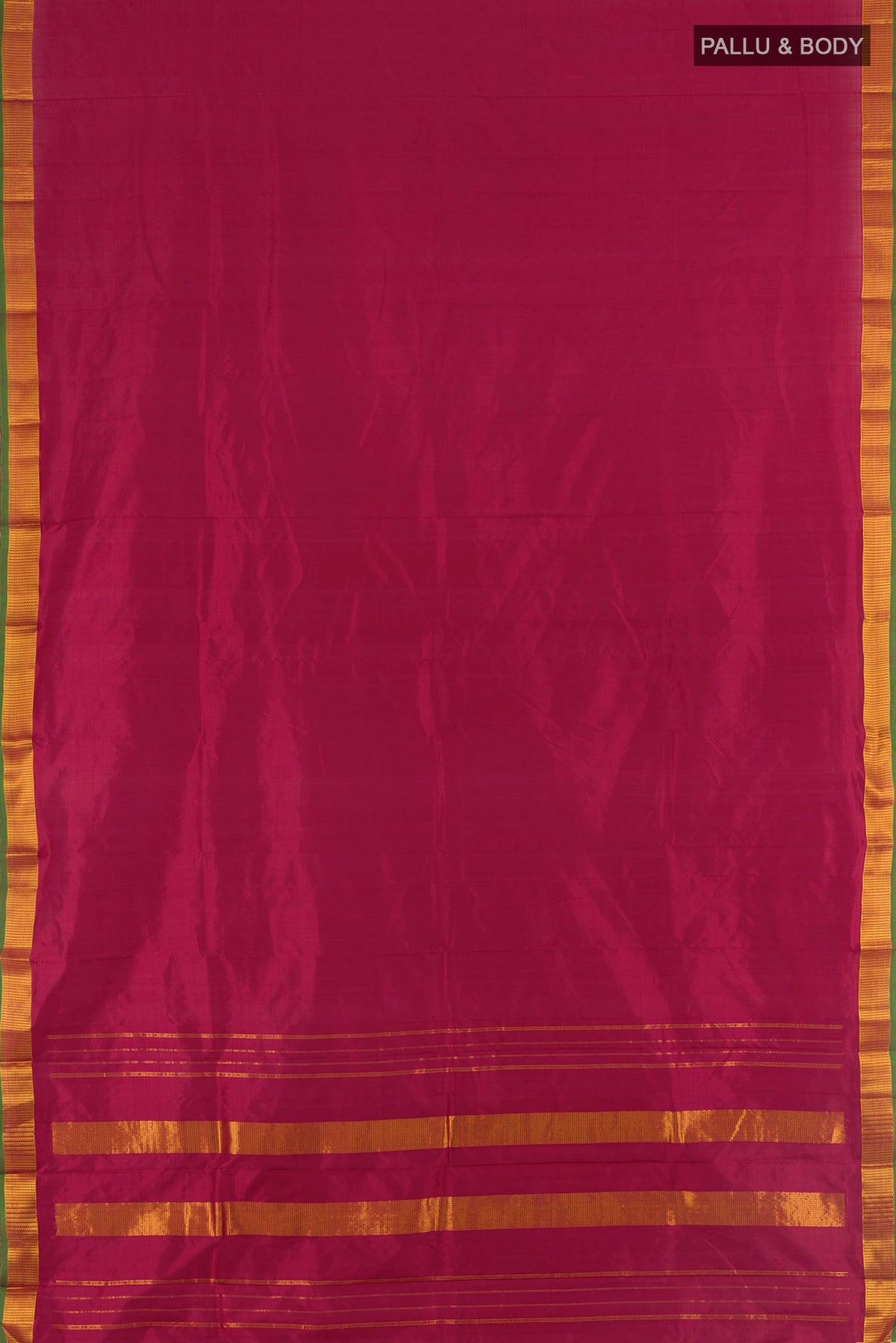 Flat view of Pure Silk Maroon Kanjivaram Saree with Plain Body and Zari Border. 