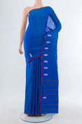 Royal Blue Kanchipuram Silk Saree with Plain Body and Thread Border.  displayed on a mannequin