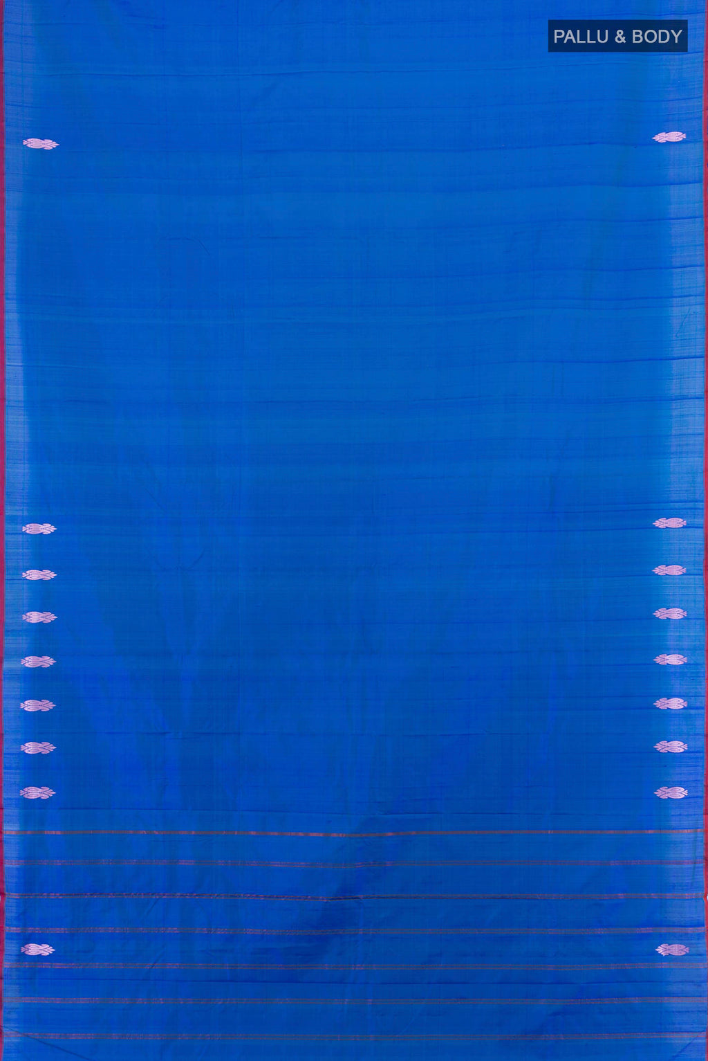 Flat view of Royal Blue Kanchipuram Silk Saree with Plain Body and Thread Border. 