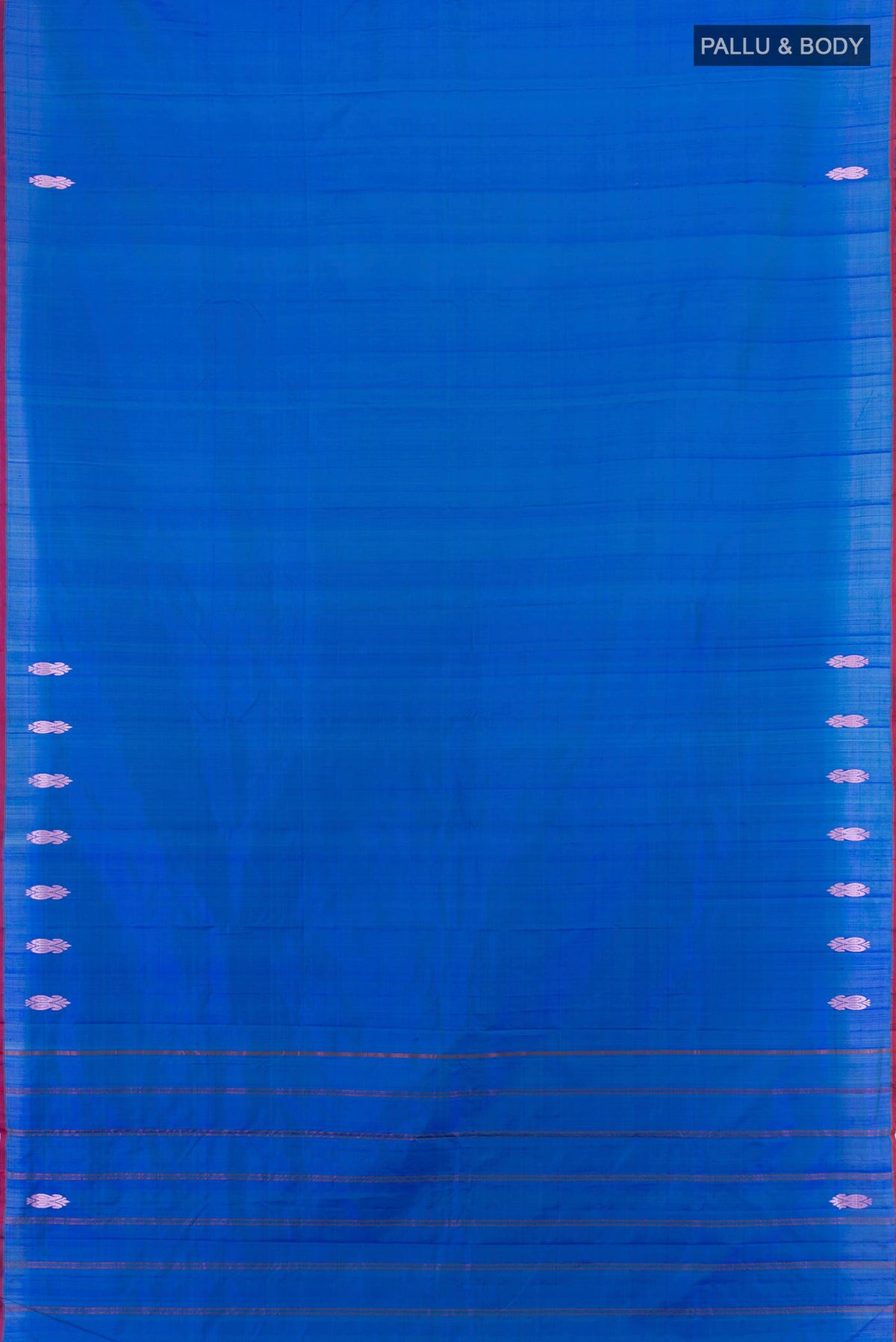 Flat view of Royal Blue Kanchipuram Silk Saree with Plain Body and Thread Border. 