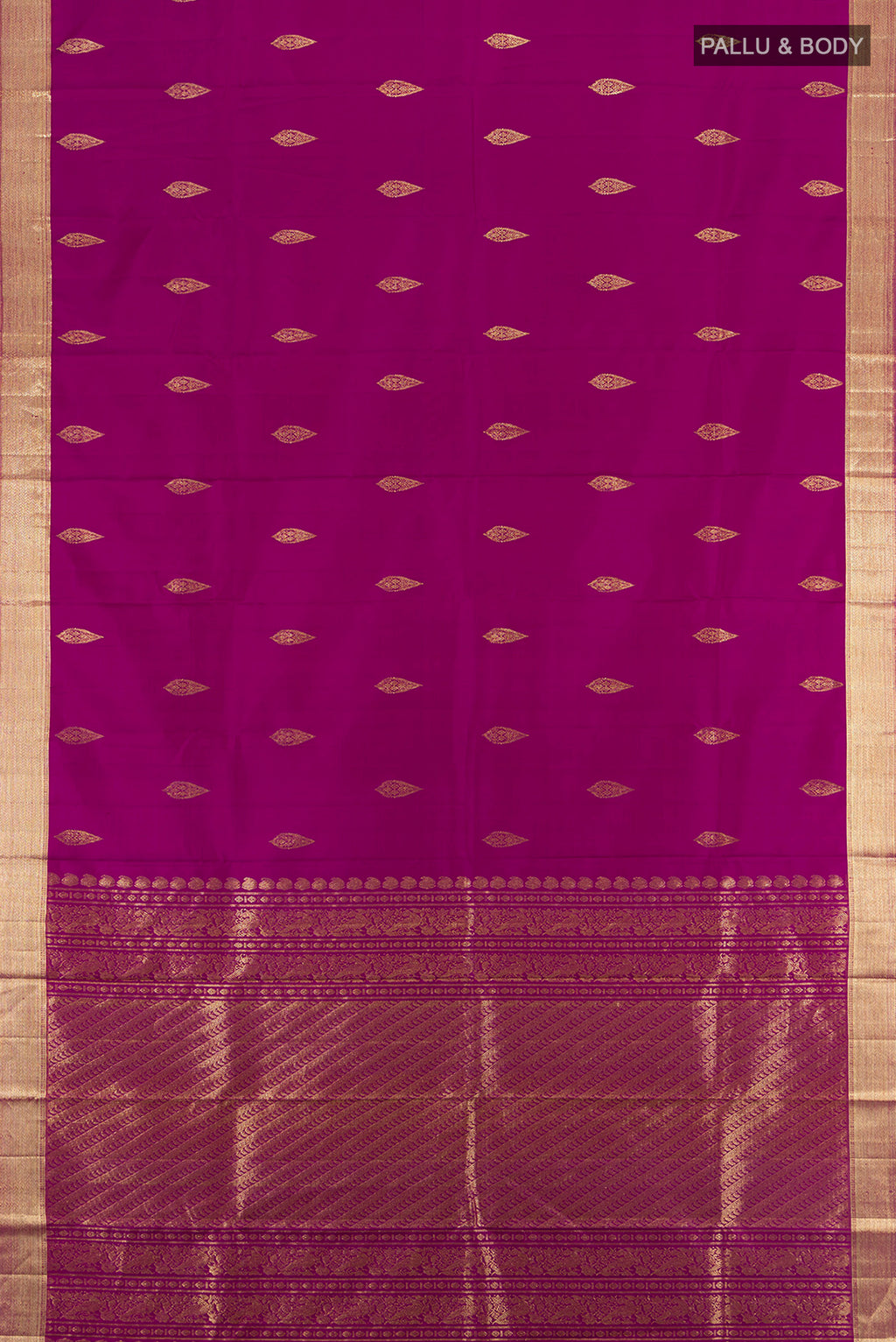 Flat view of Pure Silk Pure Zari Purple Kanjivaram Saree with Zari Butta on the body and Silk Border. 