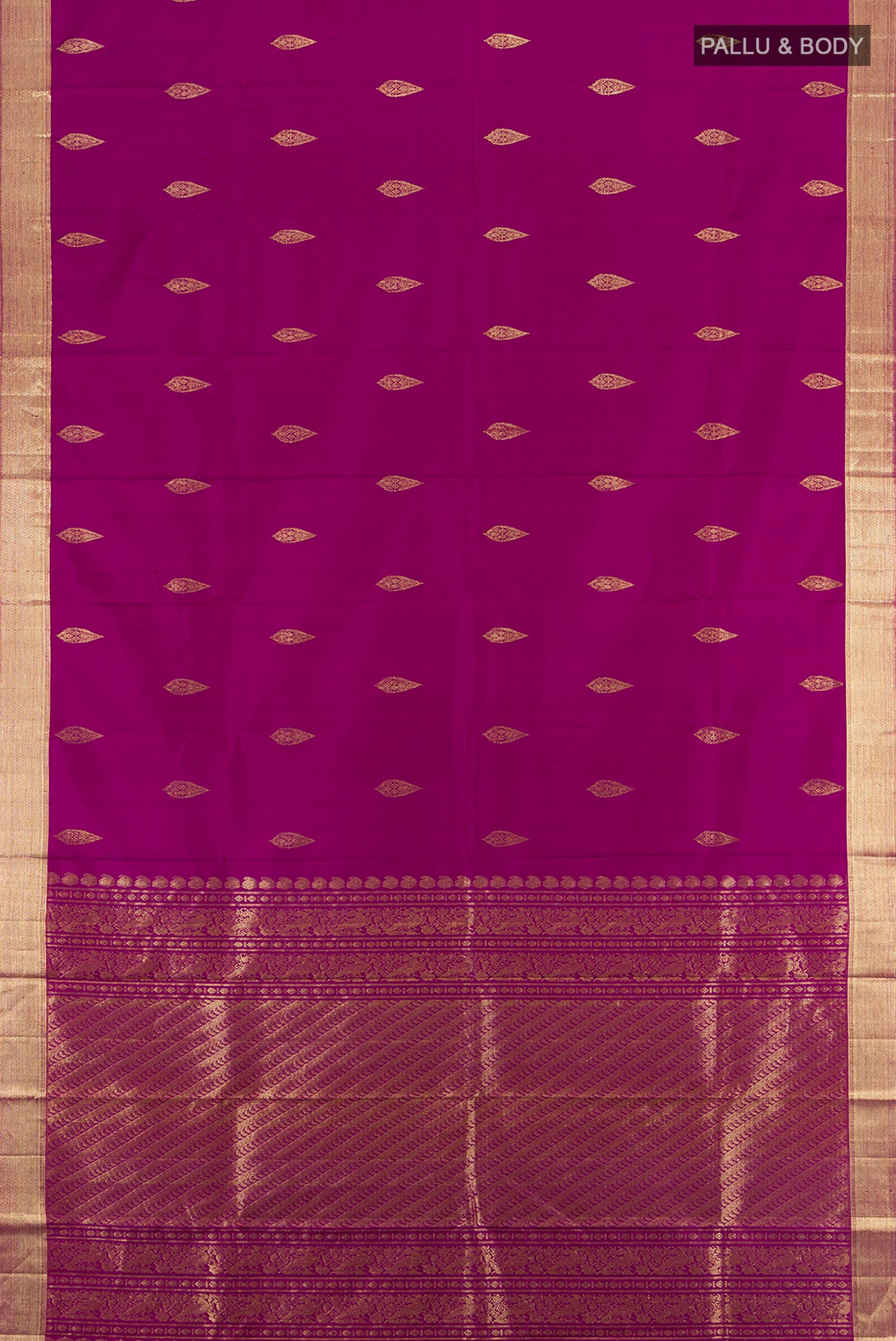 Flat view of Pure Silk Pure Zari Purple Kanjivaram Saree with Zari Butta on the body and Silk Border. 
