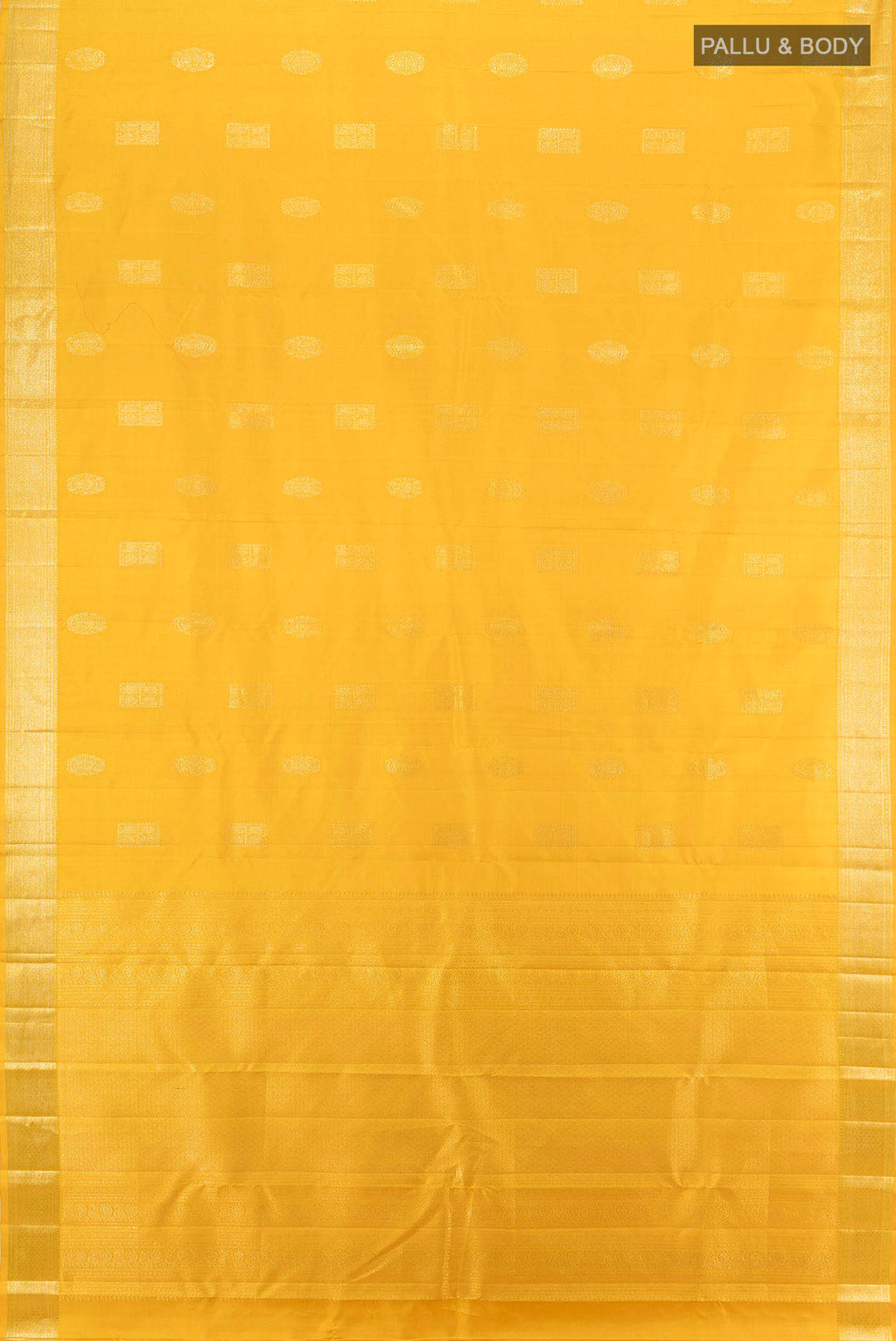 Flat view of Yellow Kanjivaram Silk Saree with Zari Butta on the body and Silk Border. 