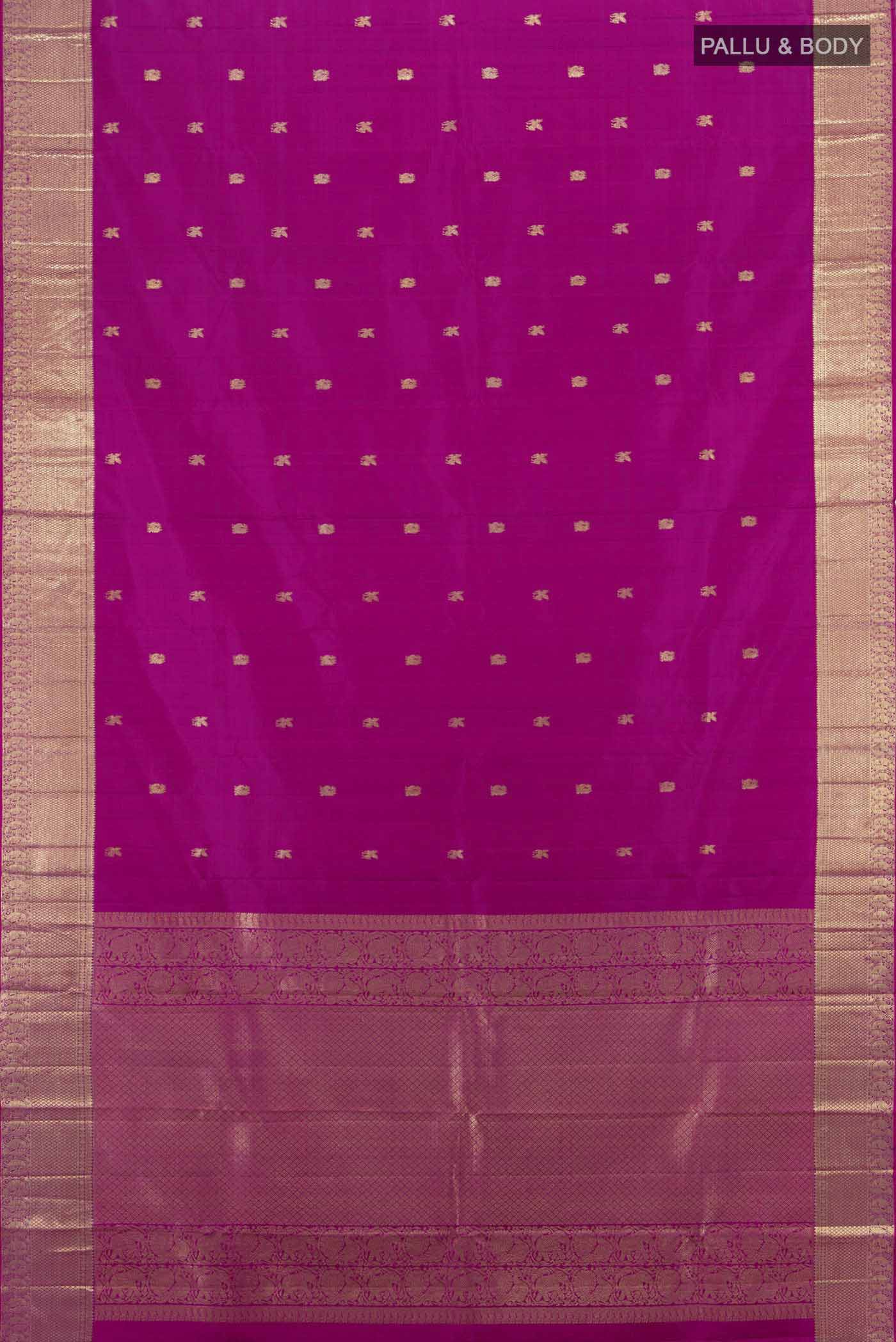 Flat view of Purple Kanjivaram Silk Saree with Zari Butta on the body and Silk Border. 