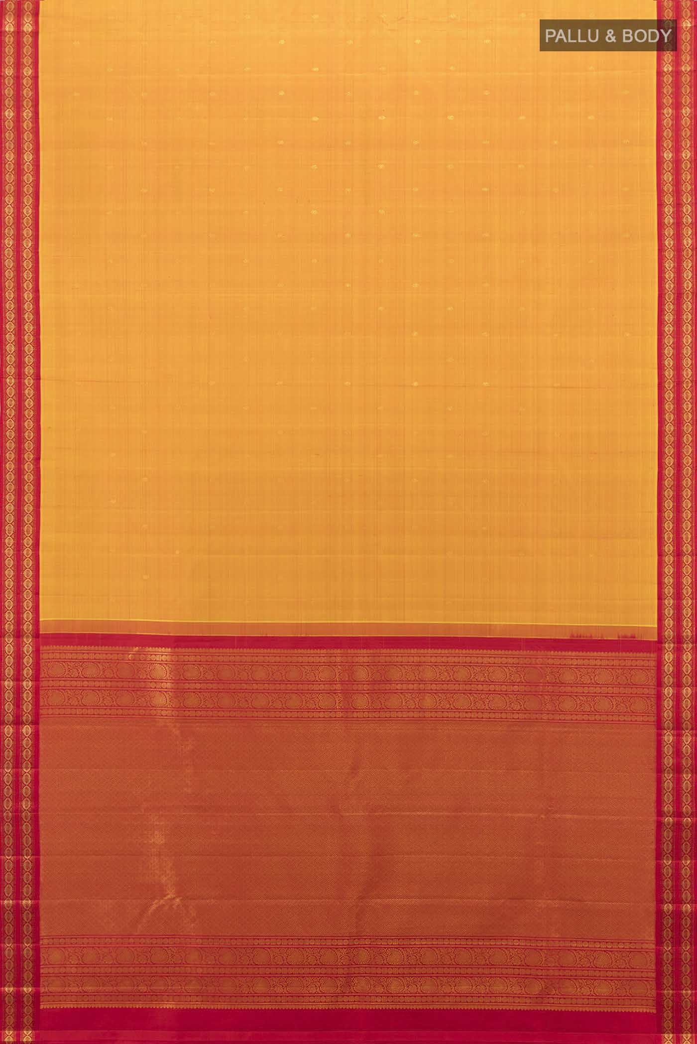 Flat view of Mustard Kanchipuram Silk Saree with Zari Butta on the body and Zari Border. 