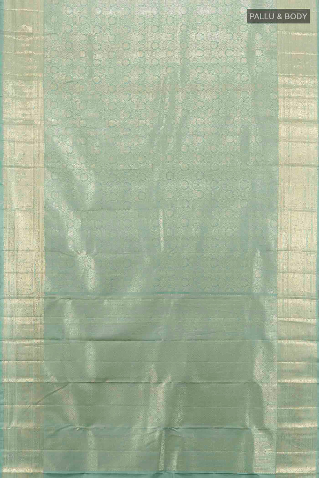 Flat view of Mint Green Kanchipuram Silk Saree with Zari Butta on the body and Silk Border. 