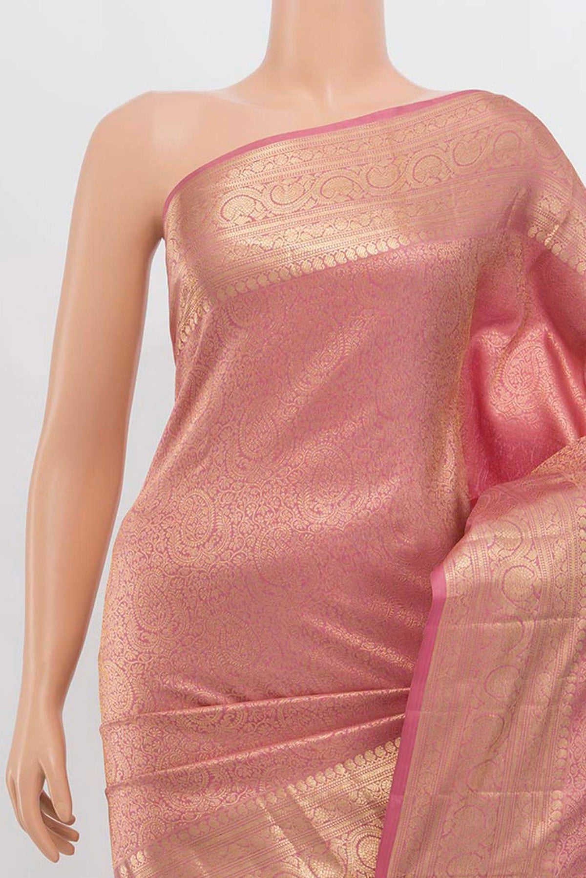 Border image of Golden Peach Kanchipuram Silk Saree with Zari Butta on the body and Silk Border. 